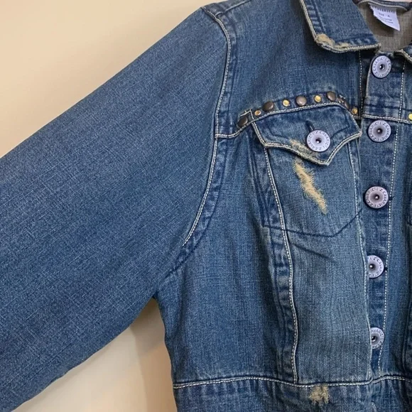 Z. Cavaricci Y2K Denim Blue Jean Bird Embroidery Distressed Button Down Jacket 4 - Picture 13 of 17